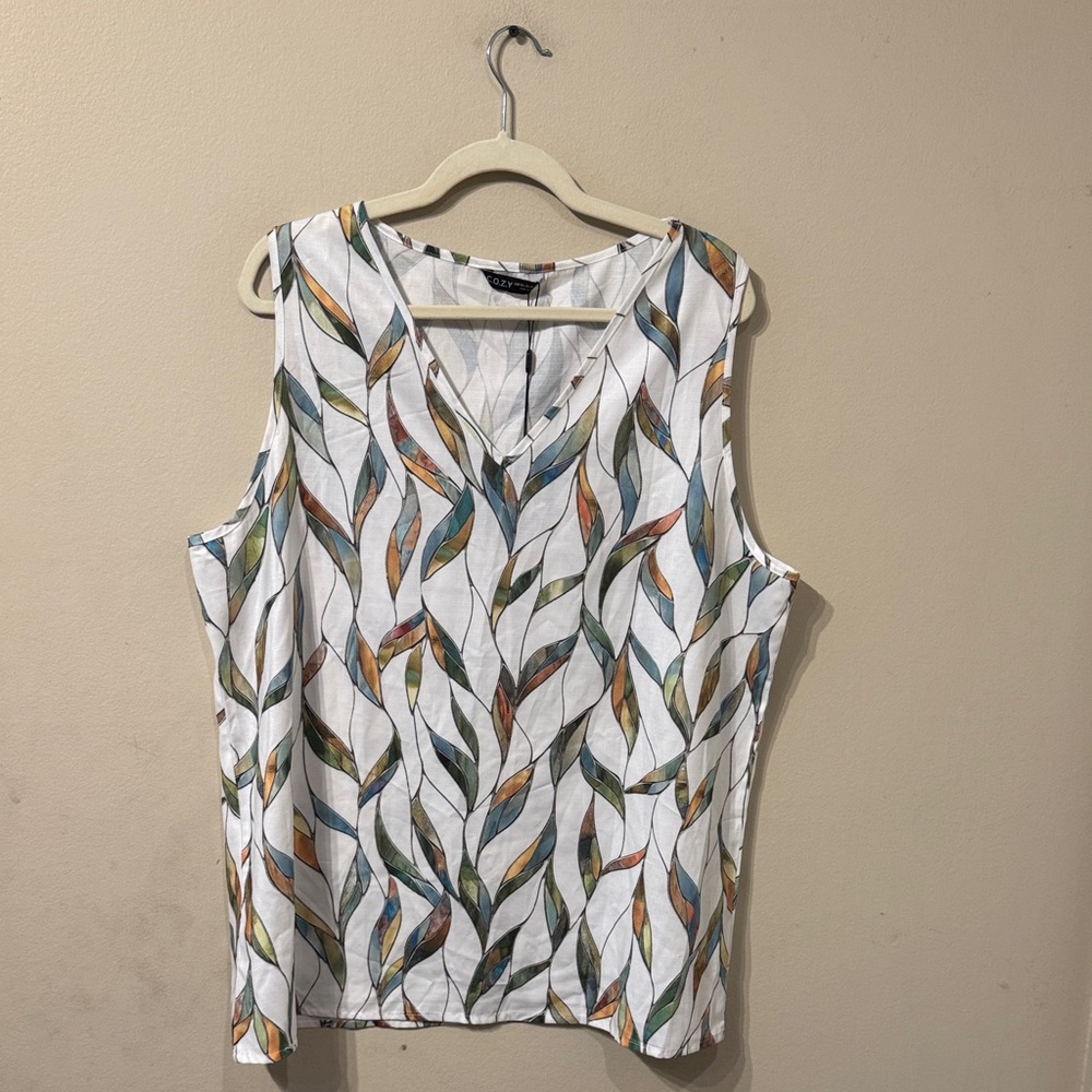 Plus Size Cotton Blend C.O.Z.Y. abstract leaf print camisole tank top 3x New NWT